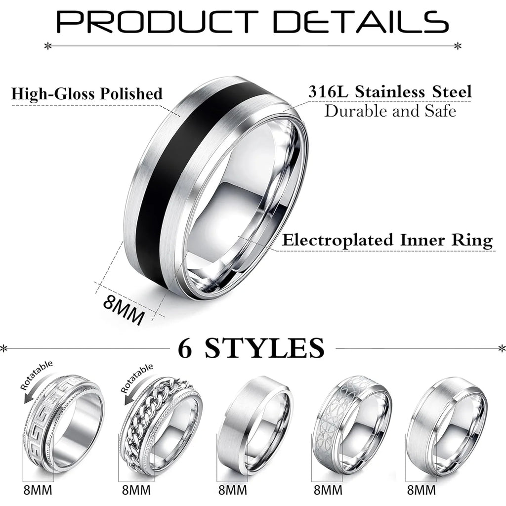 6Pcs Mens Rings 316L Stainless Steel for Men Women Vintage Thumb Engagement Ring Wedding Band Fidget Ring Set Jewel Gift