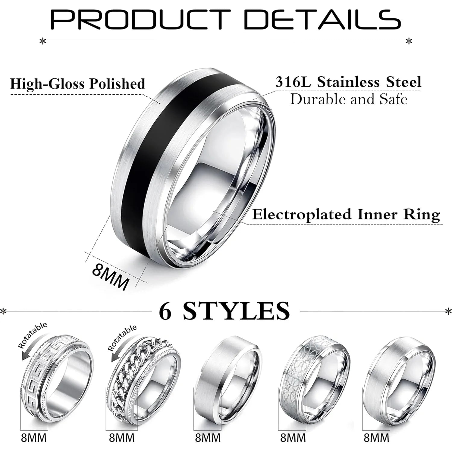 6Pcs Mens Rings 316L Stainless Steel for Men Women Vintage Thumb Engagement Ring Wedding Band Fidget Ring Set Jewel Gift