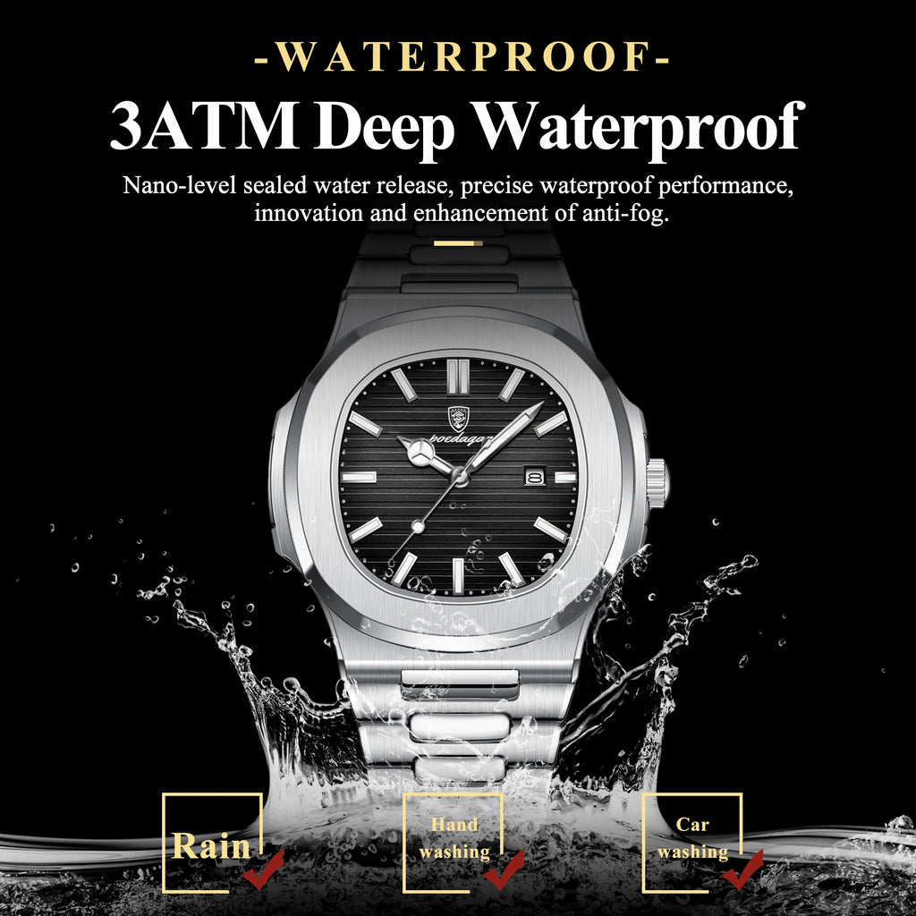 POEDAGAR Square Luxury Men Wristwatch Waterproof Luminous Date High Quality Stainless Steel Male Clock Business Sports Quartz Watches For Men Reloj Hombre mbzr