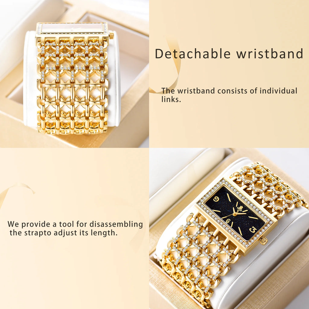 Gold Rectangle Women Watch Full Rhinestone Bezel Wide Hollow Link Bracelet Luxury Bling White Dial Fashion Ladies Quartz Dress Wristwatch For Party Wedding