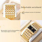 Gold Rectangle Women Watch Full Rhinestone Bezel Wide Hollow Link Bracelet Luxury Bling White Dial Fashion Ladies Quartz Dress Wristwatch For Party Wedding