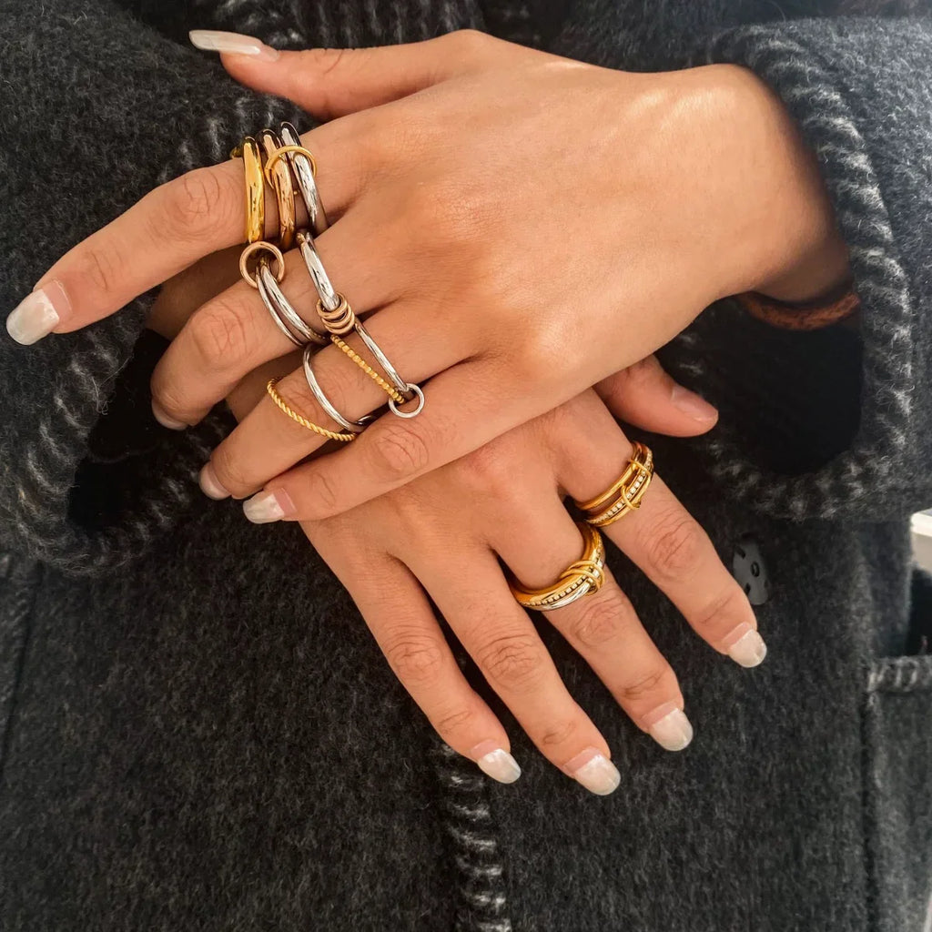 316 Stainless Steel PVD Mixed Metals Multi Layered Finger Rings Shiny CZ Zircon Stackable Ring Set Non Tarnish Dainty Jewelry