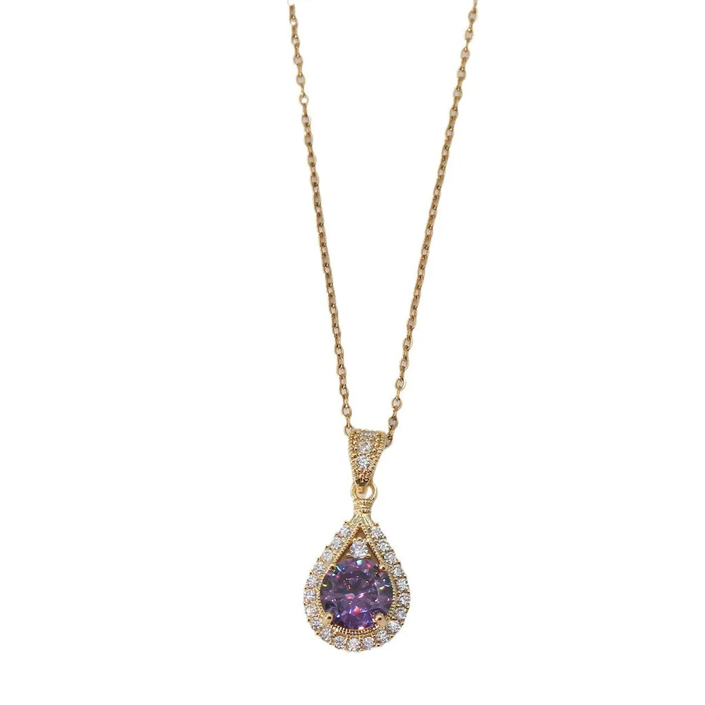 Romantic Vintage Teardrop Necklace, Round Purple Stone Halo Setting Gold Plated Pendant Necklace, Elegant Party Aesthetic Neck Jewelry