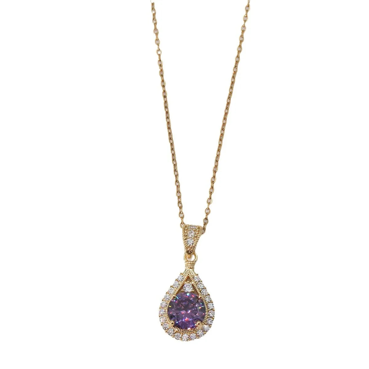 Romantic Vintage Teardrop Necklace, Round Purple Stone Halo Setting Gold Plated Pendant Necklace, Elegant Party Aesthetic Neck Jewelry