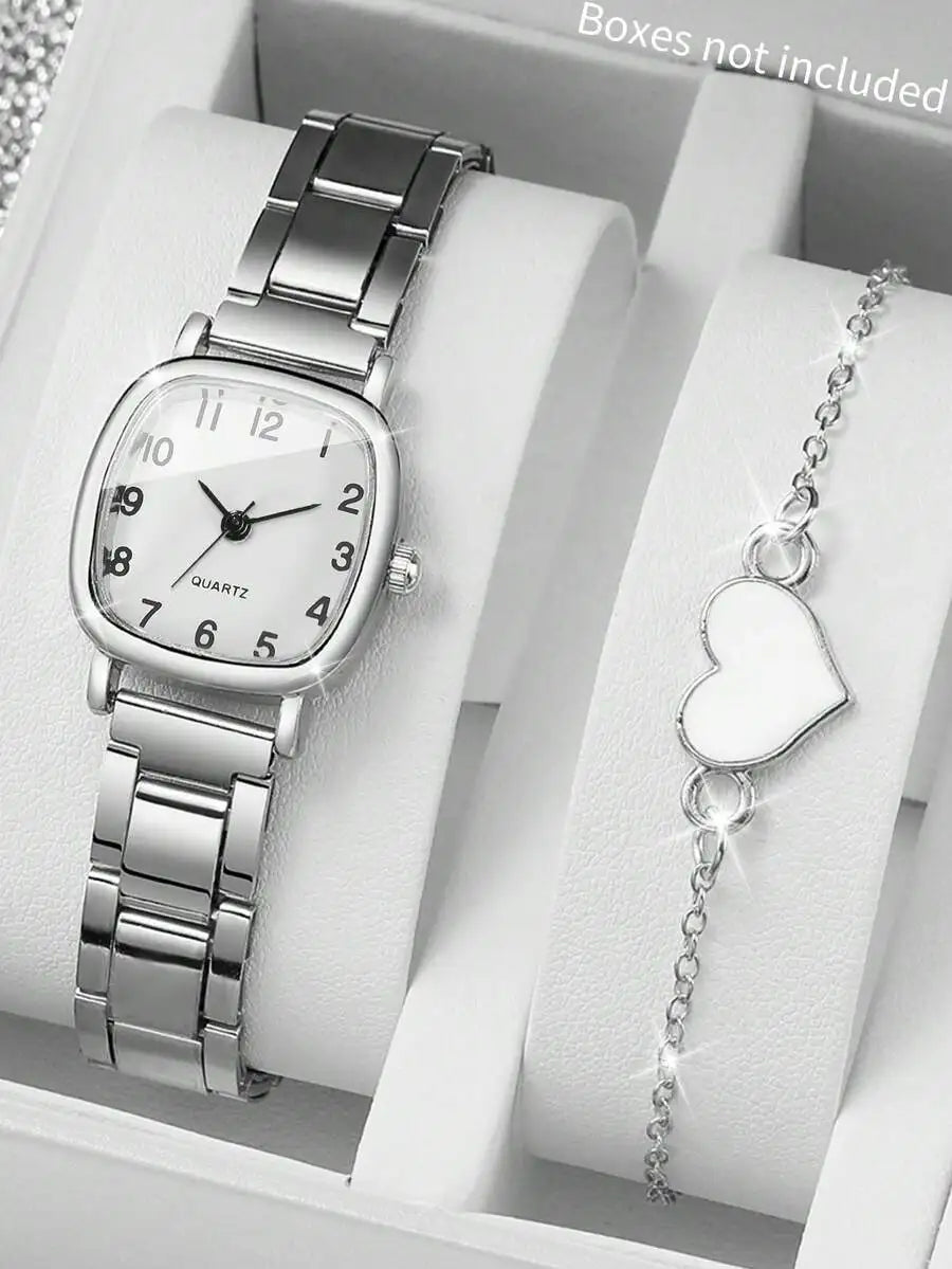 2pcs/Set Women Stainless Steel Band Square Fashion Minimalist Numeric Dial Quartz Watch & Bracelet
