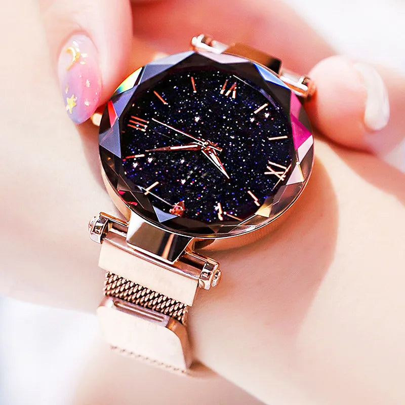 Womens Fashion Starry Sky Watches Magnet Buckle Mesh Belt Diamond Quartz Watch Women Dress Clock mbzr