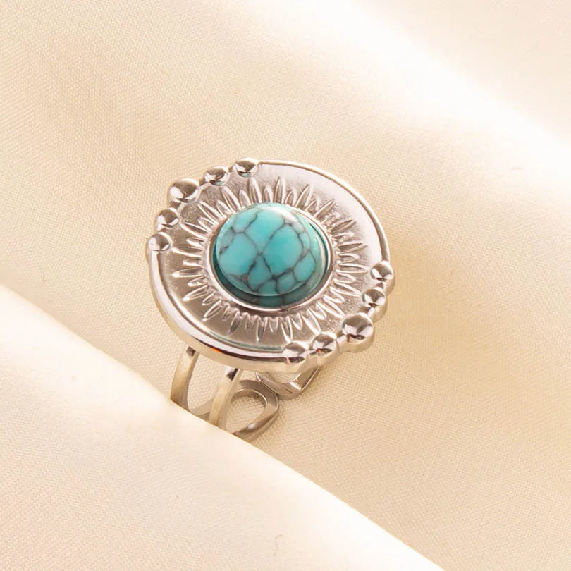 1pc Stainless Steel Boho Turquoise Open Finger Rings Trendy Adjustable Women Multi Layers Stackable