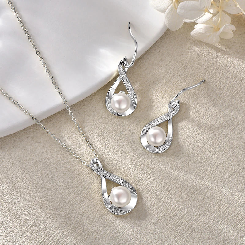 OXTAO 8-9mm Pearl Necklace& Earring Jewelry Set 14K Gold Filled Moissanite Infinity Charm Necklaces Wedding Promise Band Jewelry