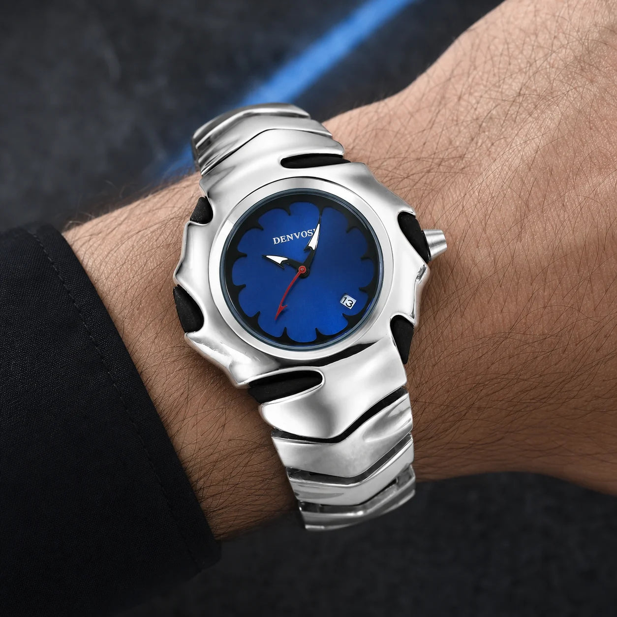 DENVOSI Futuristic Sport Watch Irregular Shark Wave Design Analog Quartz Metal Band for Men and Women