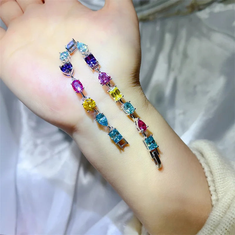 Luxury Rainbow Genuine Moissanite Tennis Bracelet S925 Sterling Silver Mixed Cut Heart Pear Round Square Gemstone Bracelet for Women Fine Jewelry Daily Wear Party Birthday Gift