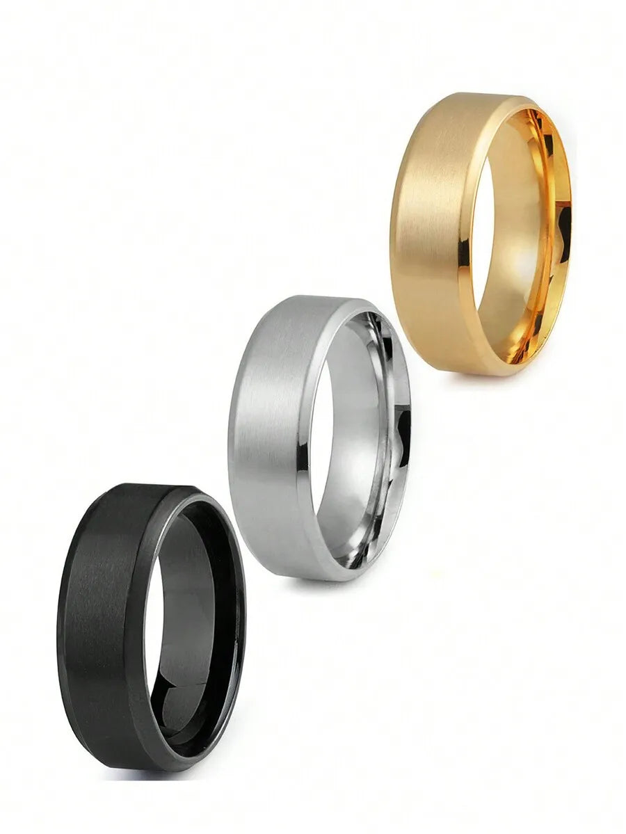 3pcs/Set Stylish Stainless Steel 8mm Matte Wedding Ring Set For Men's Everyday Use Valentine's Day Jewelry Holiday Engagement