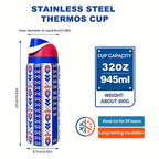 Owalaa blue pattern 32oz/945ml stainless steel insulated water bottle with straw,for daily sports outdoor,perfect gift mbzr