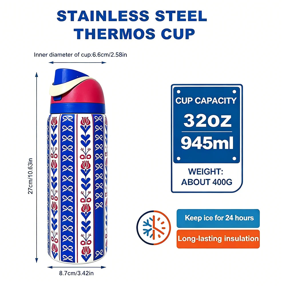 Owalaa blue pattern 32oz/945ml stainless steel insulated water bottle with straw,for daily sports outdoor,perfect gift mbzr