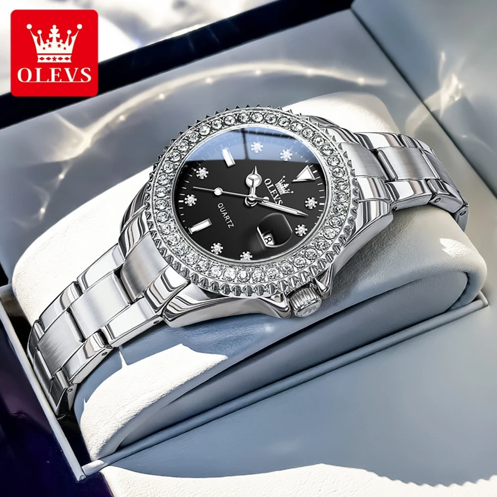 OLEVS 9945 Luxury Women Original Quartz Movement Watch Diamond Scale Stainless Steel Bracelet Luminous Function 30M Waterproof Watch mbzr