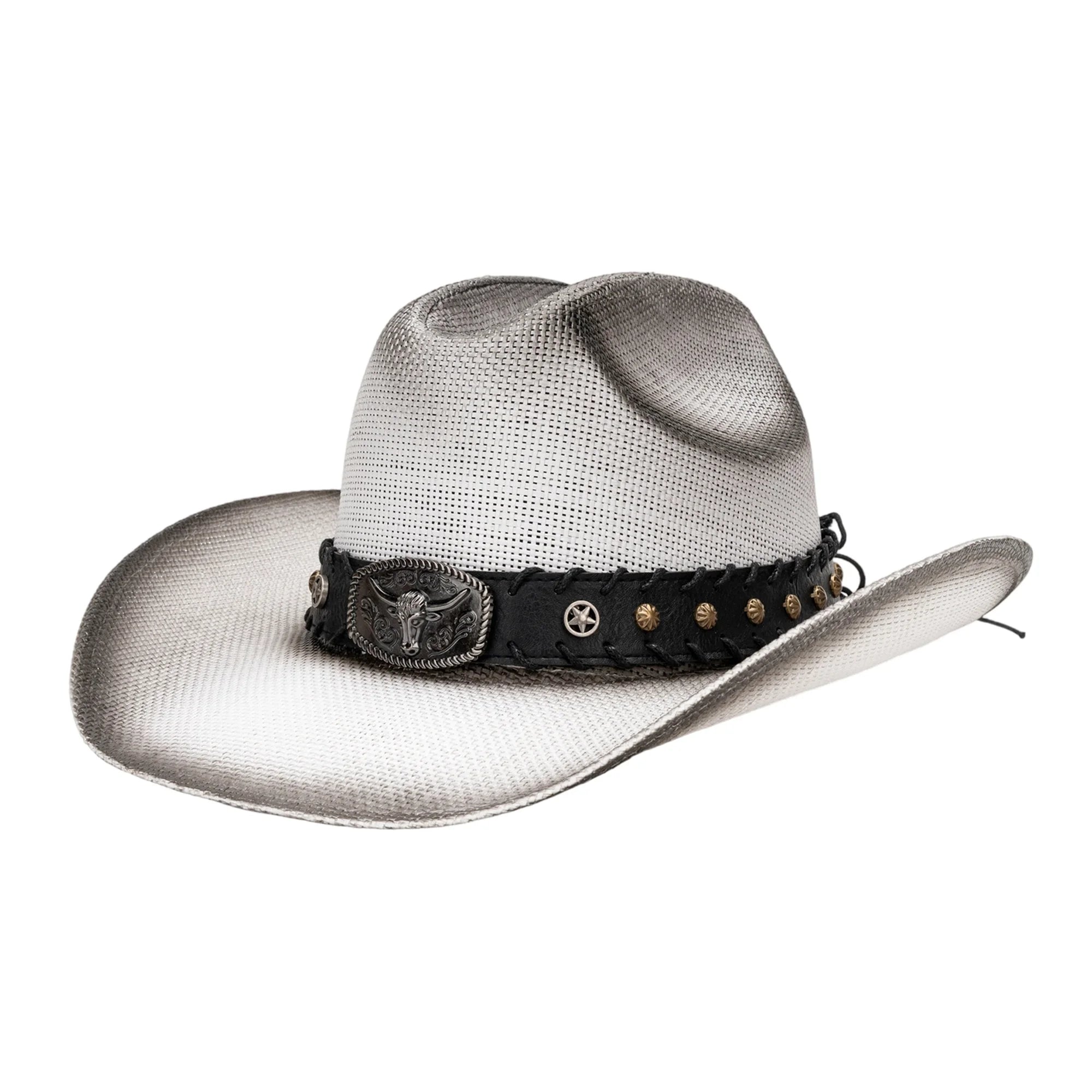 Western Style Straw Cowboy Hat with Cattle Head Design and Belted Sun Protection for Outdoors