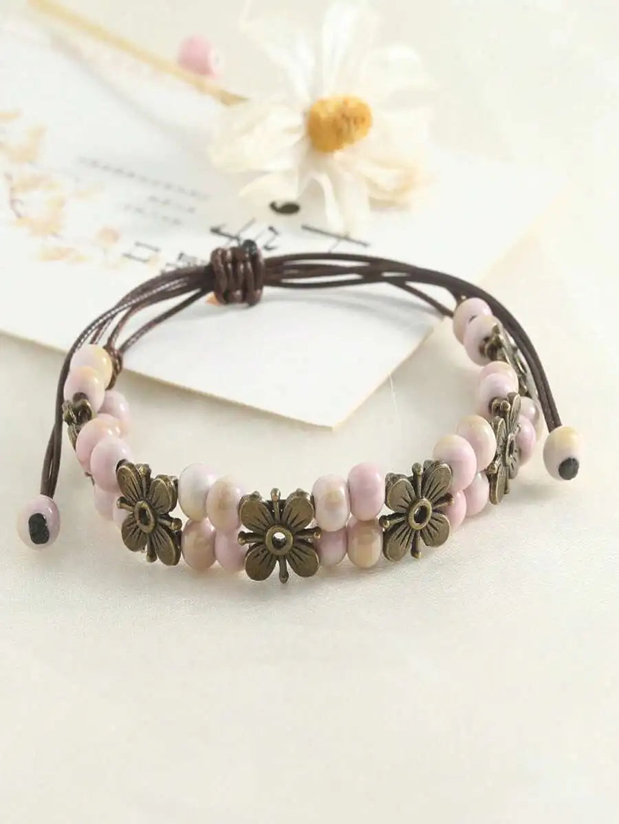 1Pc Vintage Bohemian Woven Leather Cord Bracelet For Women Girls, Handmade Colorful Beaded Bracelet With Flower Pendant Adjustable Knot, Boho Jewelry For Daily Party Dating Holiday Gift Accessory