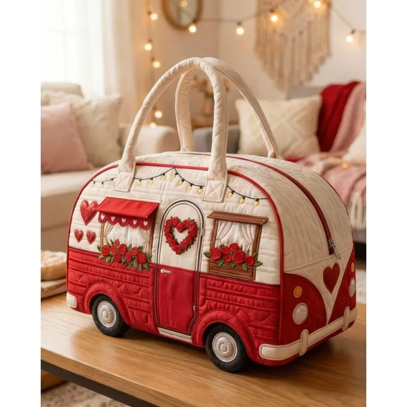 Vintage RV-style handbag, fashionable printed red rose heart design, large-capacity vacation travel beach bag, commuter tote bag for women, short-trip gym bag, multifunctional short-trip travel sports bag mbzr