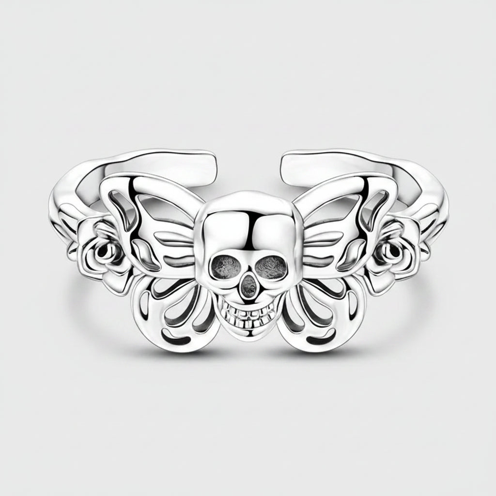 Retro-Style 925 Sterling Silver Open Ring – Hollow Skull & Butterfly, Punk Jewelry Accessory for Women mbzr
