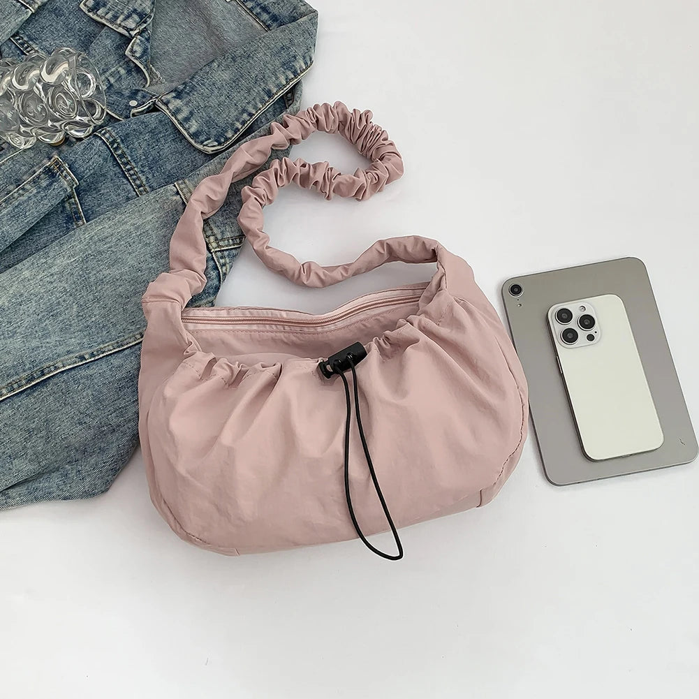 Ruched Shoulder Handbag Adjustable Strap Pleated Crossbody Large Capacity Drawstring Satchel Bag