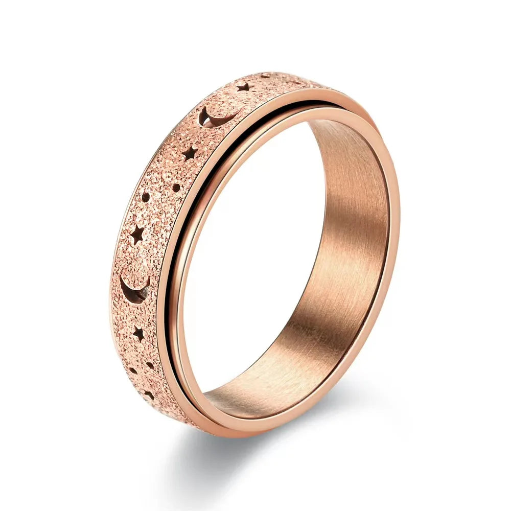 Anti Stress Stainless Steel Spinning Rotating Finger Rings For Women Men Rotatable Design Moon-Star Frosted Ring Fashion Jewelry