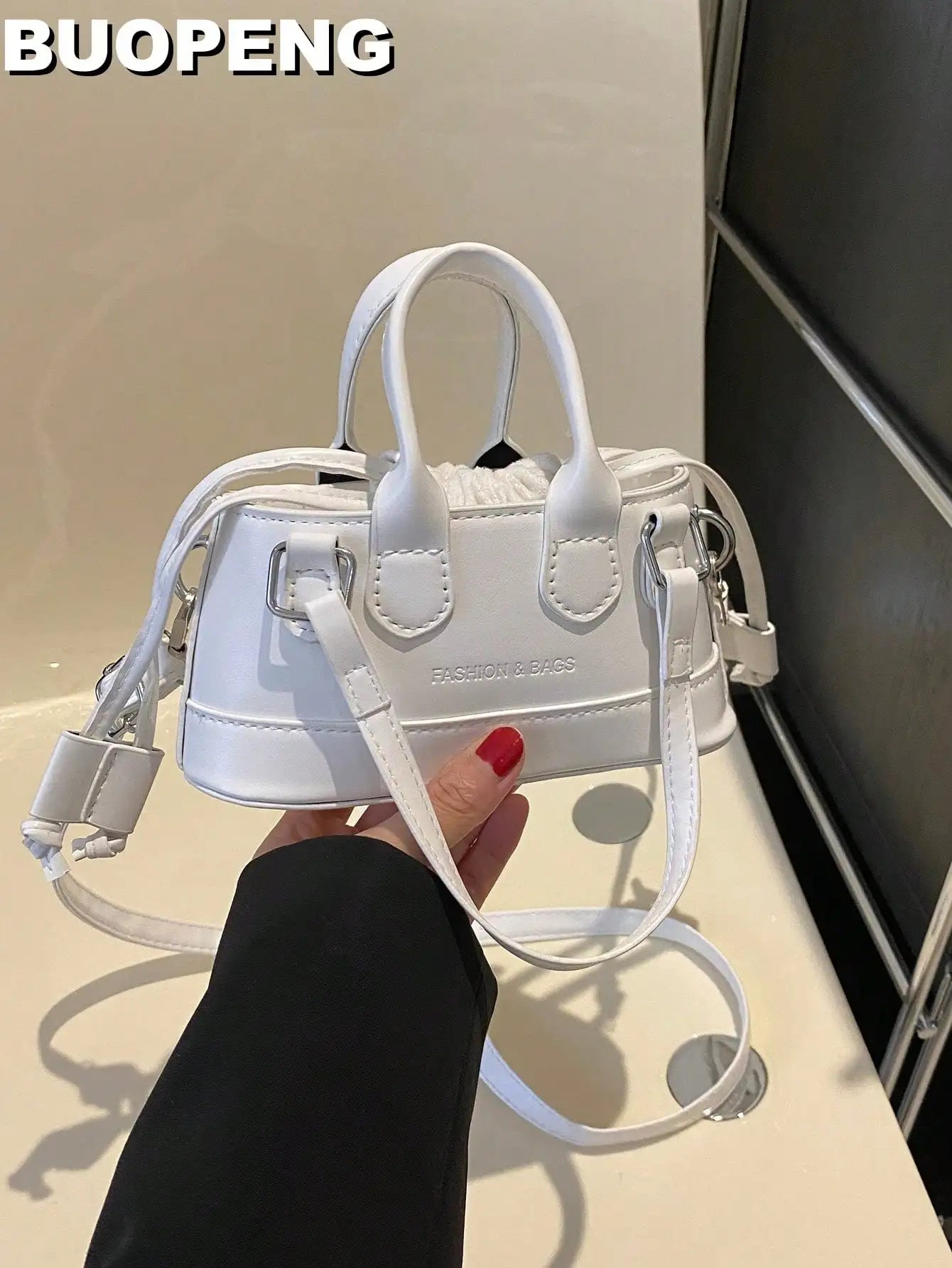 Mini Silver Croc-Embossed Top Handle Bag with Drawstring Closure