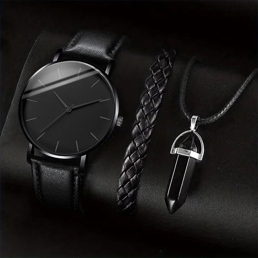 3PCS/Set Men Business Watches Casual Leather Band Analog Male's Quartz Watch Necklace Bracelet Set mbzr