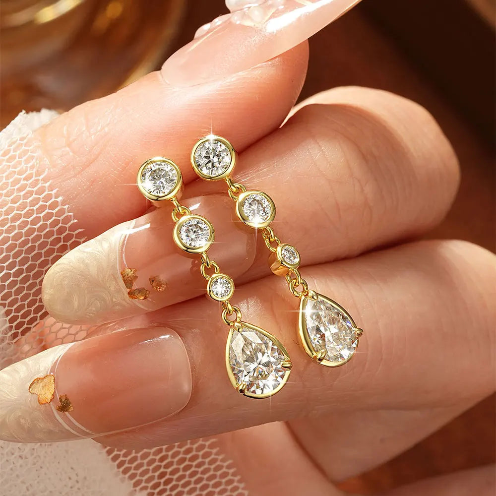 OXTAO Elegant Long Tassels Drop Earrings For Women Anniversary Jewelry Gifts Pear Cut Moissanite Wedding Earrings 14K Gold Filled