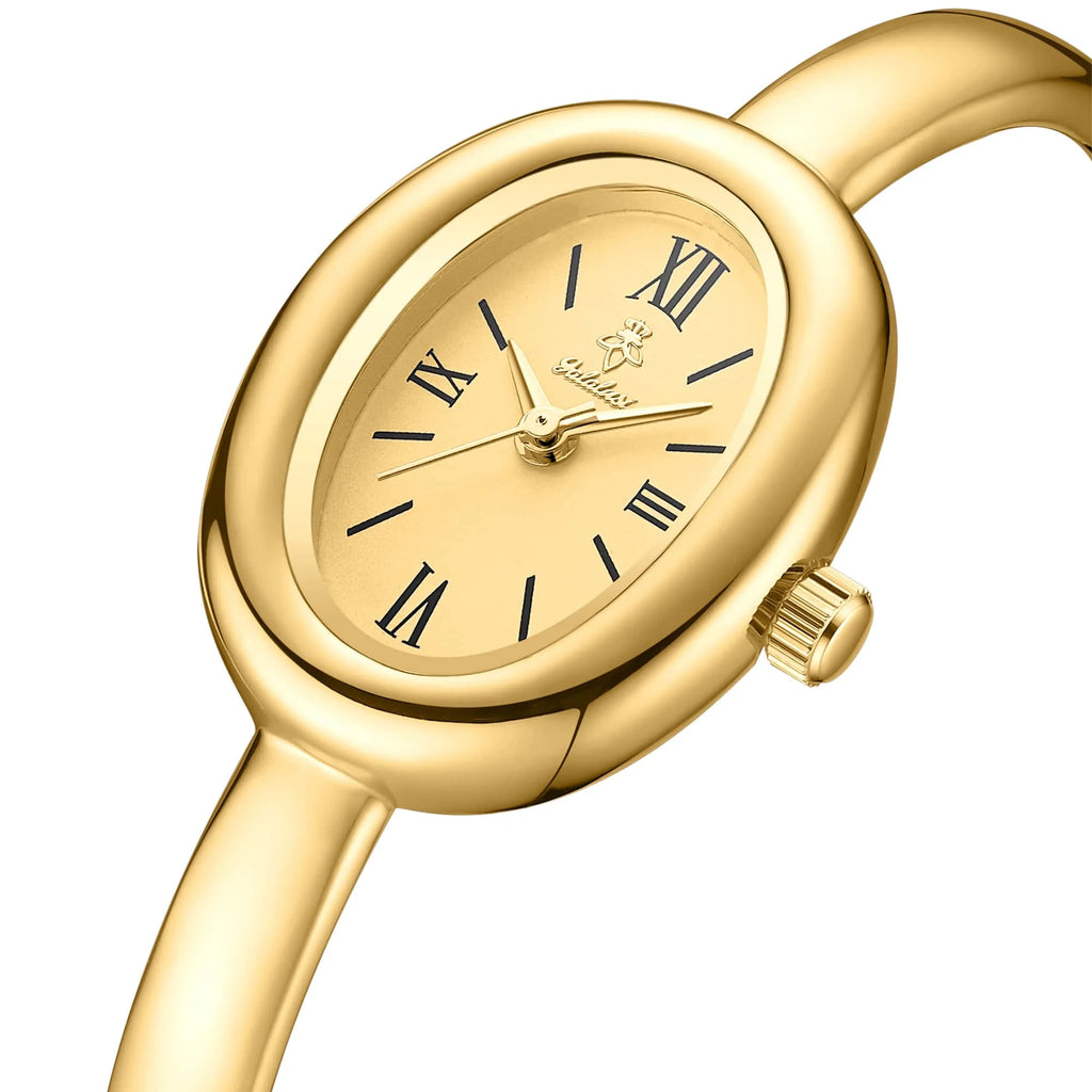 YaLaLuSi Vintage Silver Ladies Oval Wristwatch Classic Roman Scale Solid Open Cuff Band Glossy Black Dial Fashion Quartz Watch For Daily Work Casual Outfits