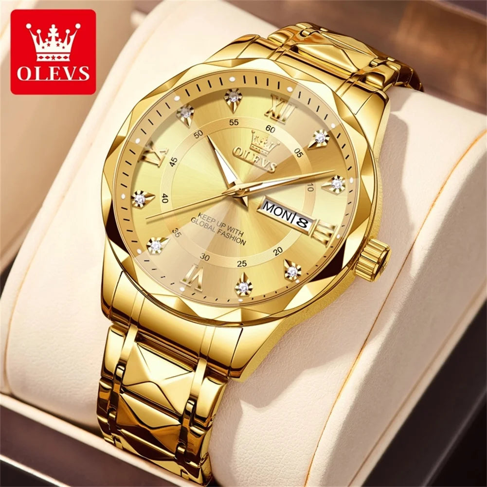 OLEVS 5609 Brand Original Quartz Movement Watch For Men Big Diamond Dual Calendar Dial Steel Bracelet HD Luminous Function 30m Waterproof Watch