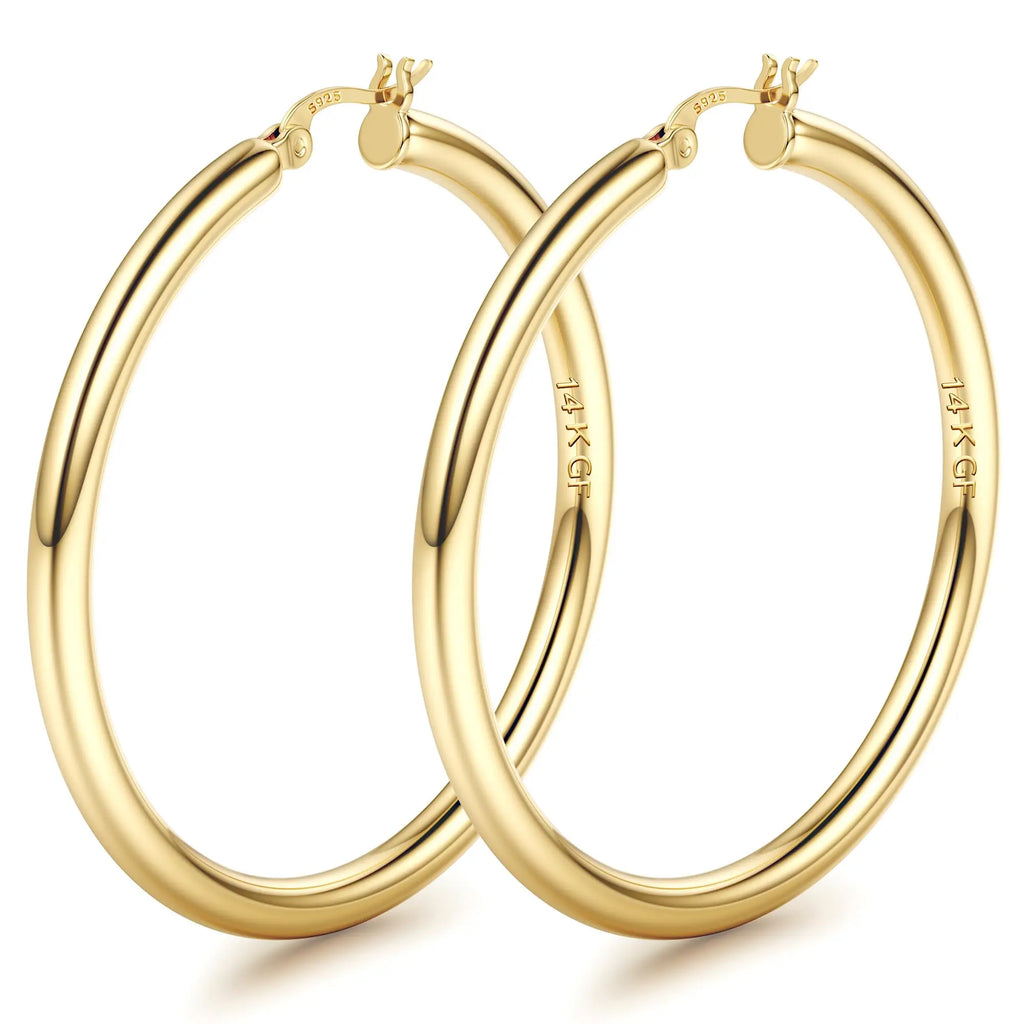 14K Chunky Gold Plated Hoop Earrings for Women 925 Sterling Silver Post Hollow Tube Hoops Earrings 4mm Thick Hoop Earrings Hypoallergenic Lightweight Gold Big Large Hoop Earrings 25/30/40/50/60/70MM