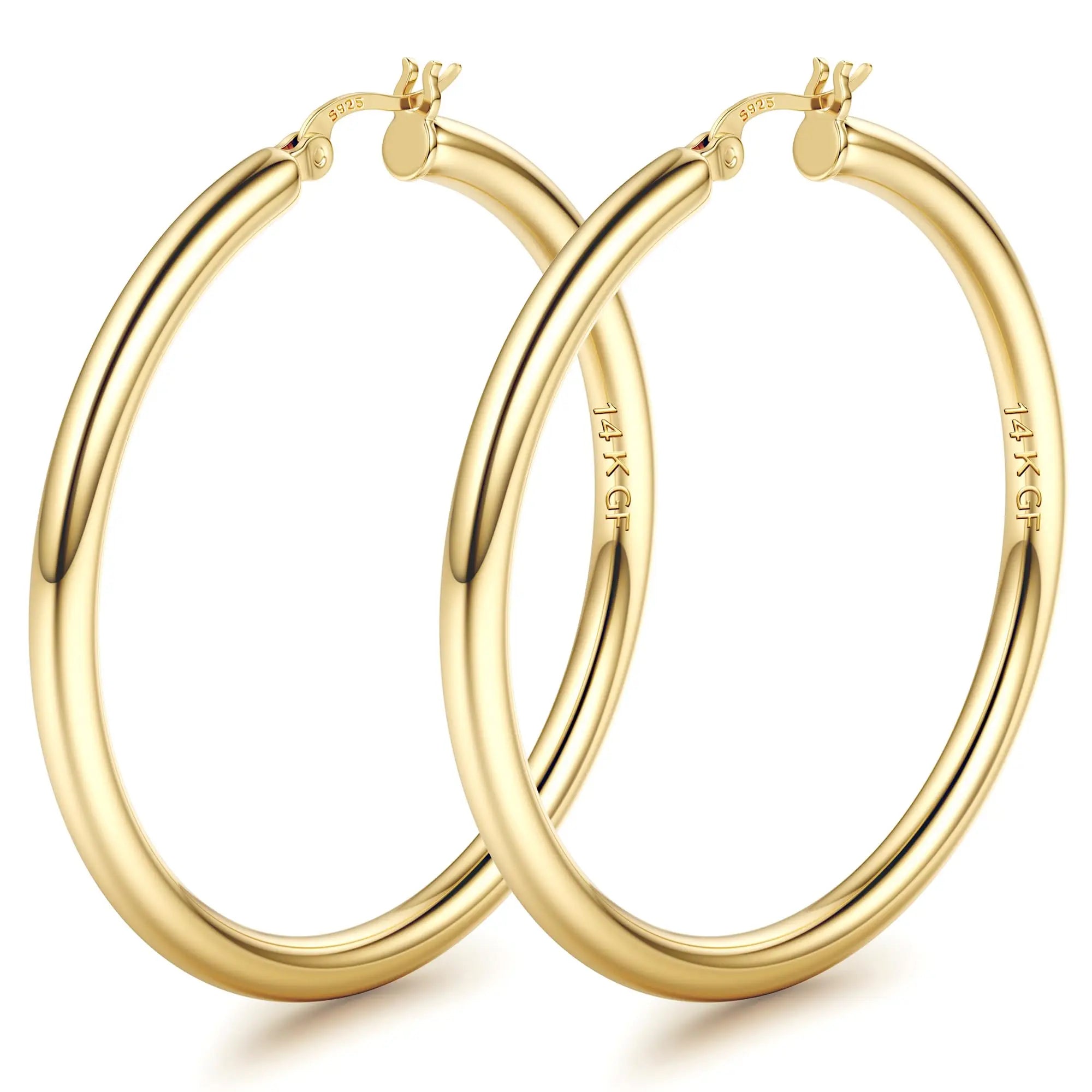 14K Chunky Gold Plated Hoop Earrings for Women 925 Sterling Silver Post Hollow Tube Hoops Earrings 4mm Thick Hoop Earrings Hypoallergenic Lightweight Gold Big Large Hoop Earrings 25/30/40/50/60/70MM