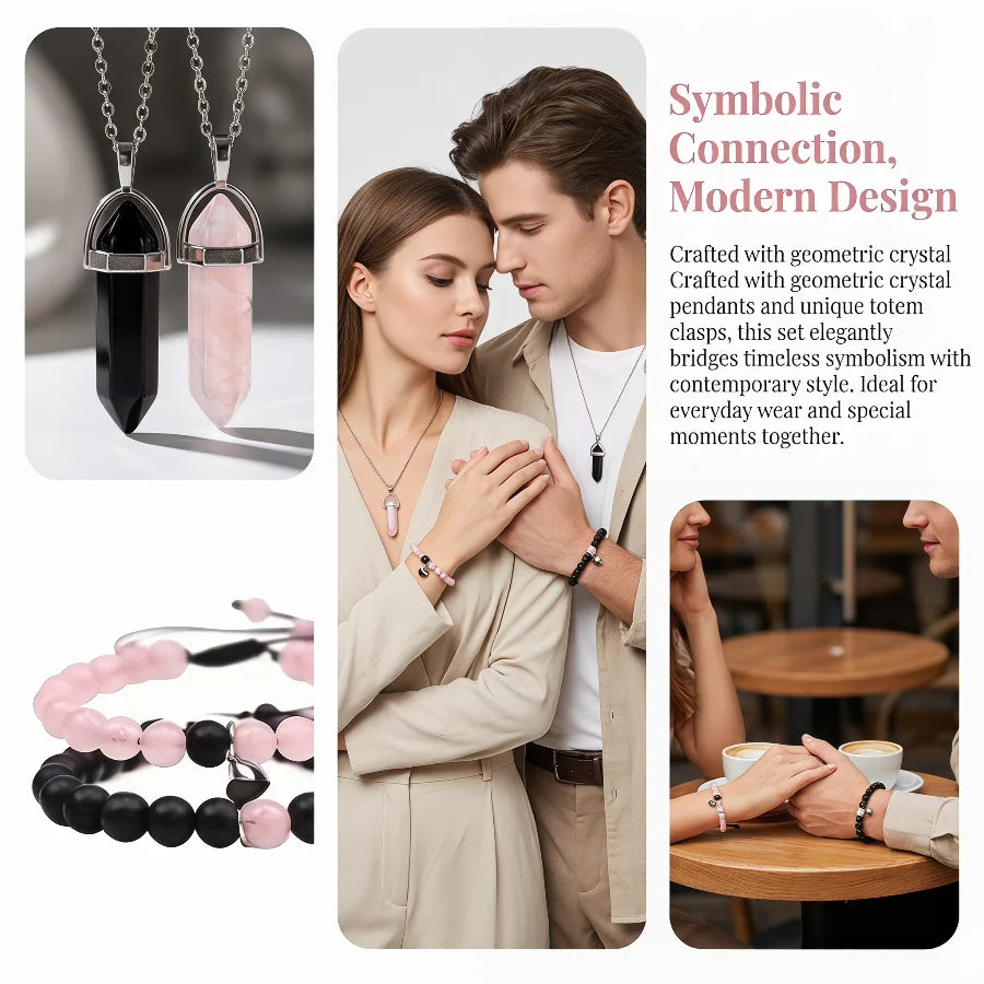 8-Piece Set: Natural White Turquoise Matte Couple's Heart Necklace, Bracelet, and Sun & Moon Set