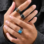 Punk Vintage Ethnic Rings for Men, Retro Viking Knot Rune Finger Band, Black Geometric Square Stone Signet Ring Jewelry