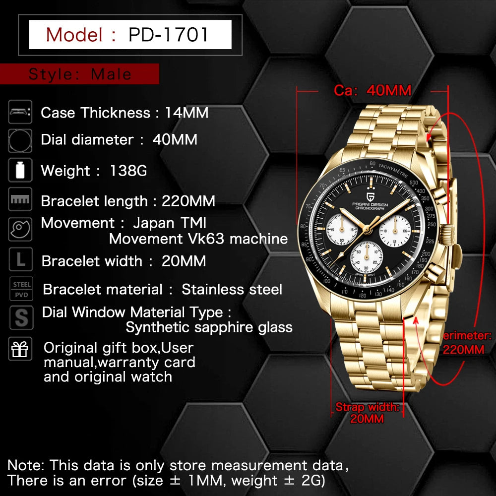 New Classic Men Watch PAGANI DESIGN Golden Green Luxury Quartz Watch For Men Automatic Date Speed Sport Chronograph AR Sapphire crystal Wristwatch Men Local Shipping