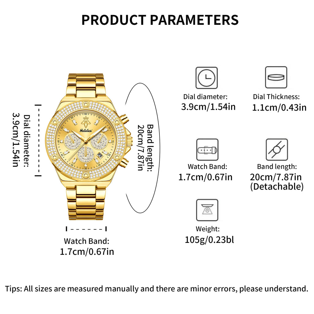 YaLaLuSi Men Women Fashion Watch, Waterproof Sports Bling Diamond Chronograph Wristwatch, Gold Band, Free Shipping