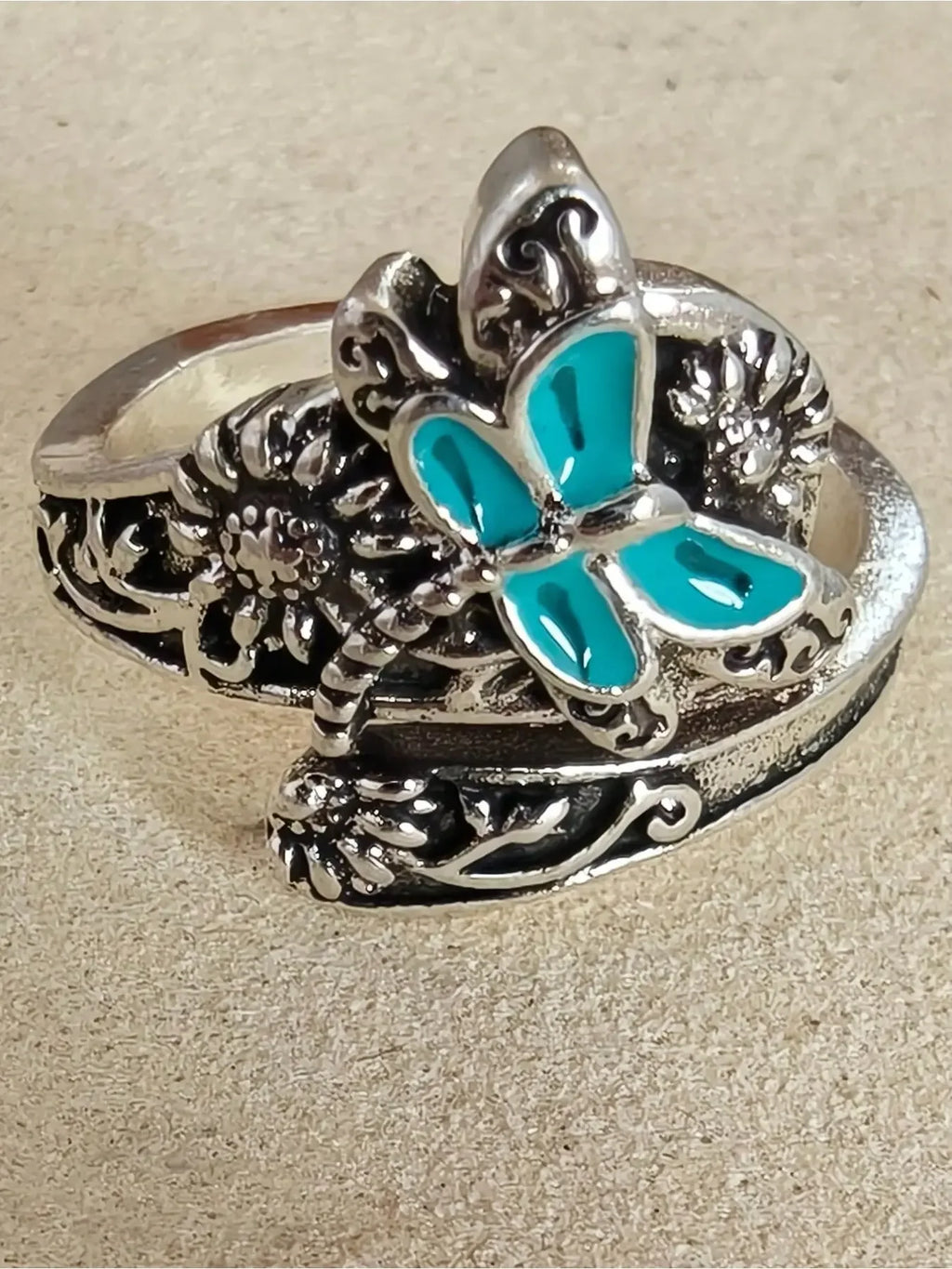 Retro Bohemian Style Silver Sunflower Ring, Vintage Rings, Boho Style Rings, Dragonfly/butterfly Spoon Ring, Ladies' Victorian Style Floral Jewelry, Party Gift, Anniversary Souvenir, Adjustable