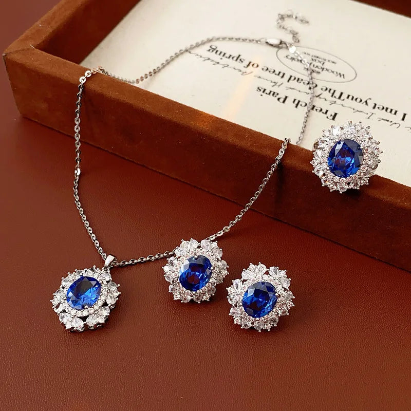 Medium Vintage Inlaid Rhinestone Three-piece Jewelry Set Oval Ring Earring Light Luxury Fashion Necklace Accessories Set mbzr