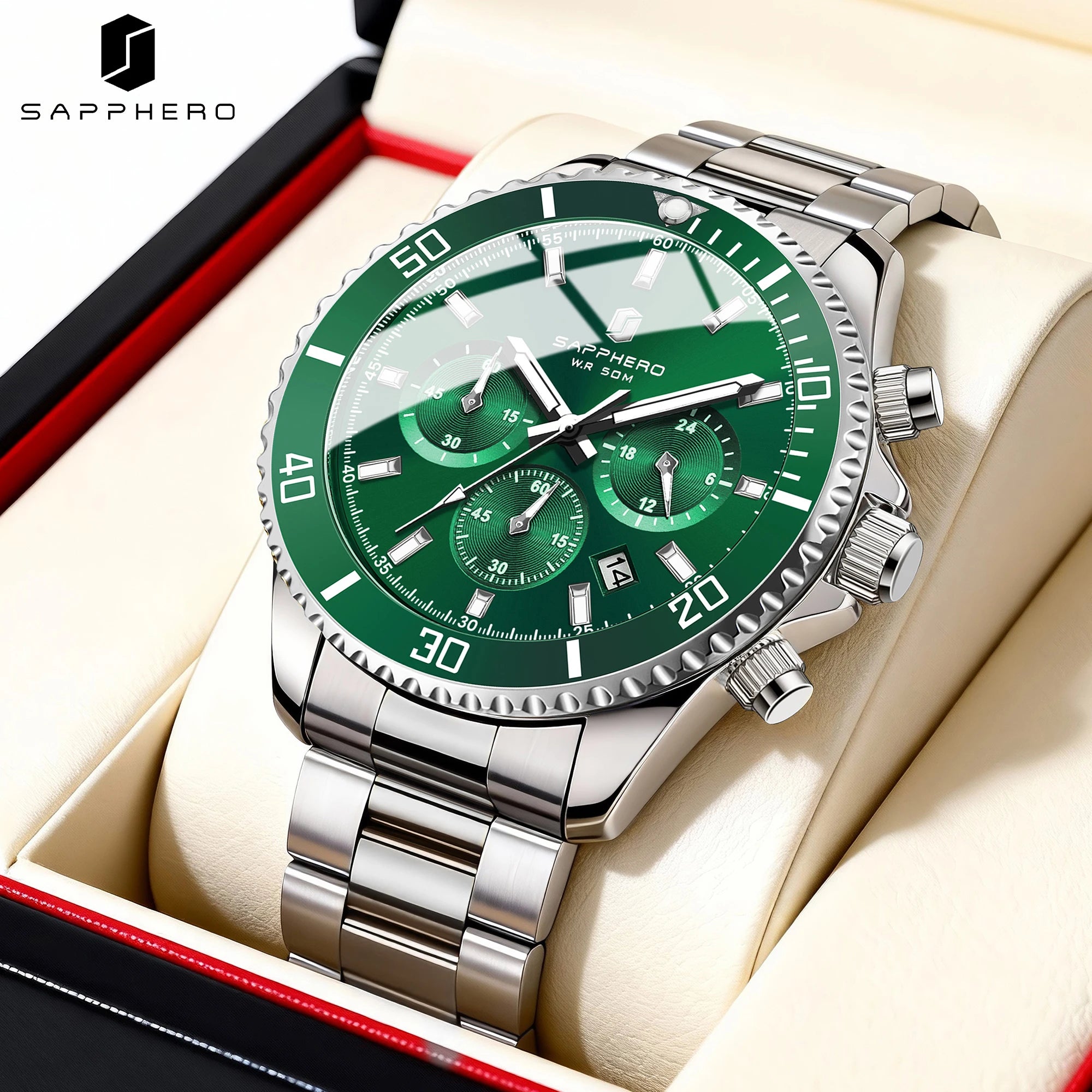 SAPPHERO Men’s Quartz Watch Luxury Chronograph Sport Wristwatch Stainless Steel Waterproof 50M Date Luminous Business Watch mbzr