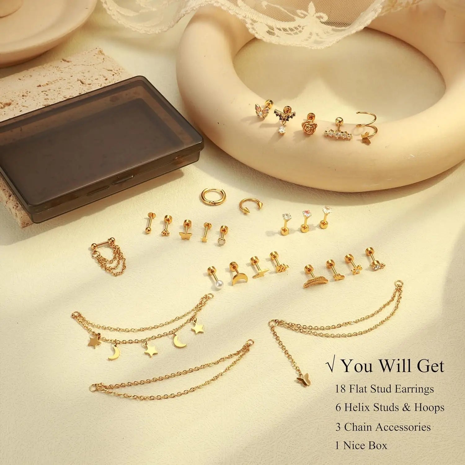 24Pcs 316L Surgical Steel Flat Back Earrings for Women Men Dangle Chain Stackable Cartilage Stud Helix Piercing Dainty Jewelry