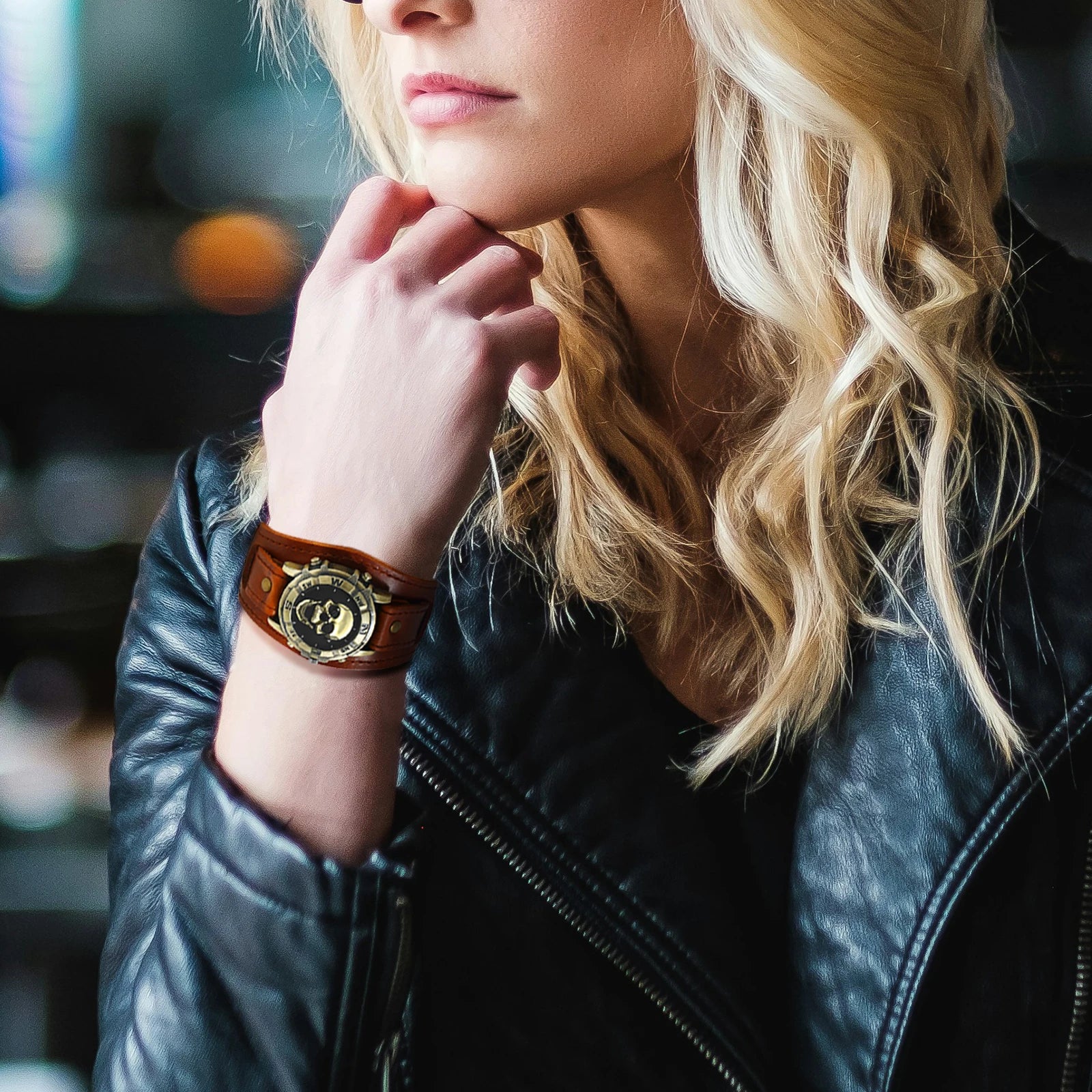 LANCARDO Men's Analog Quartz Watch Halloween Punk Motorcycle Leather Watch Retro Sports Casual Wide Leather Watch Skeleton Decor