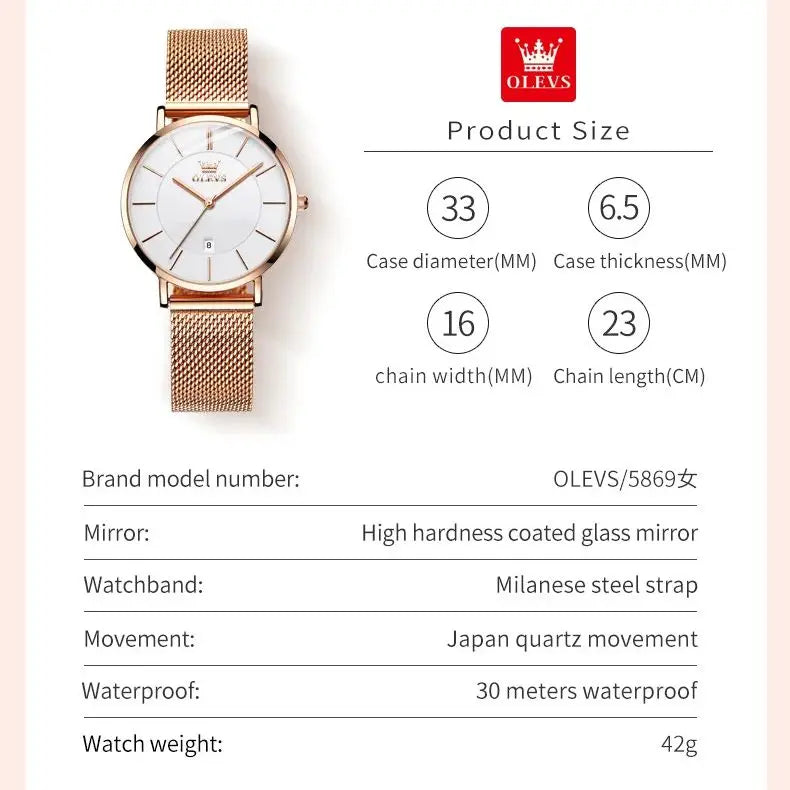 OLEVS 5869 Women Watch Fashion Simple Ultra Thin 6.5mm Quartz Women's Watch Top Brand Calendar Waterproof Women Luxury Watch mbzr