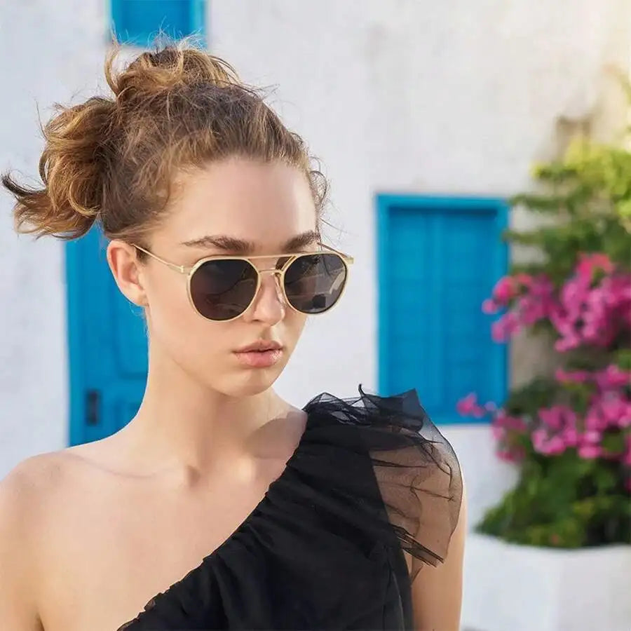 Retro Oval Metal Double Beam Pilot Sunglasses UV400 Black Lens For Men Women