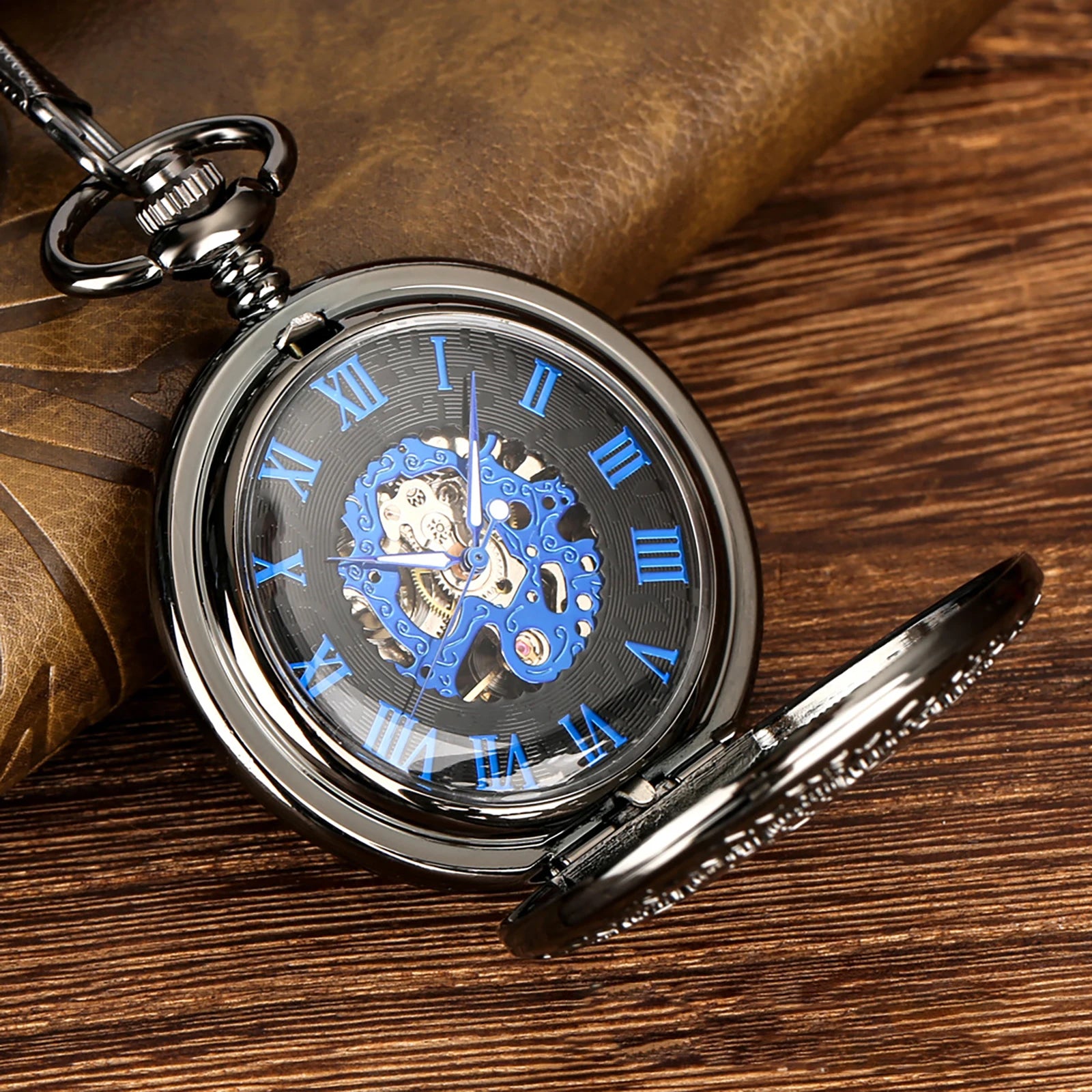 Mechanical Skeleton Pocket Watch with Roman Numerals, Classic Open Face Silver Fob Watch for Men Women
