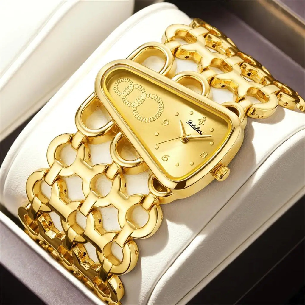 YaLaLuSi Irregular Trapezoid Gold Dial Women Watch Hollow Wide Interlocking Link Bracelet Unique Luxury Waterproof Ladies Quartz Dress Wristwatch For Party Dating Wedding