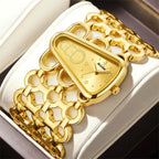 YaLaLuSi Irregular Trapezoid Gold Dial Women Watch Hollow Wide Interlocking Link Bracelet Unique Luxury Waterproof Ladies Quartz Dress Wristwatch For Party Dating Wedding