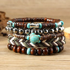 5-piece Bohemian Sea Turtle Vintage Wooden Shell Wax Rope Woven Bracelet Set