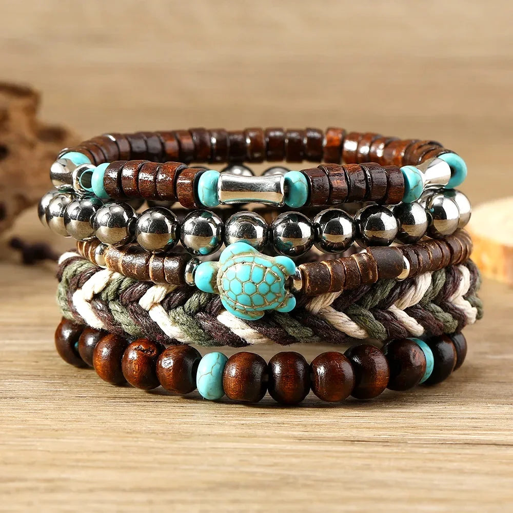 5-piece Bohemian Sea Turtle Vintage Wooden Shell Wax Rope Woven Bracelet Set