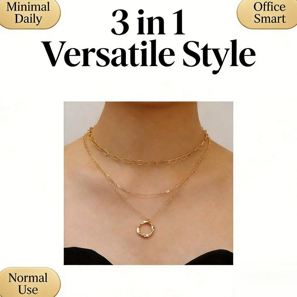 Multi‑Layer Gold Tone Zinc Alloy Necklace Textured Circle Pendant Daily Neckwear