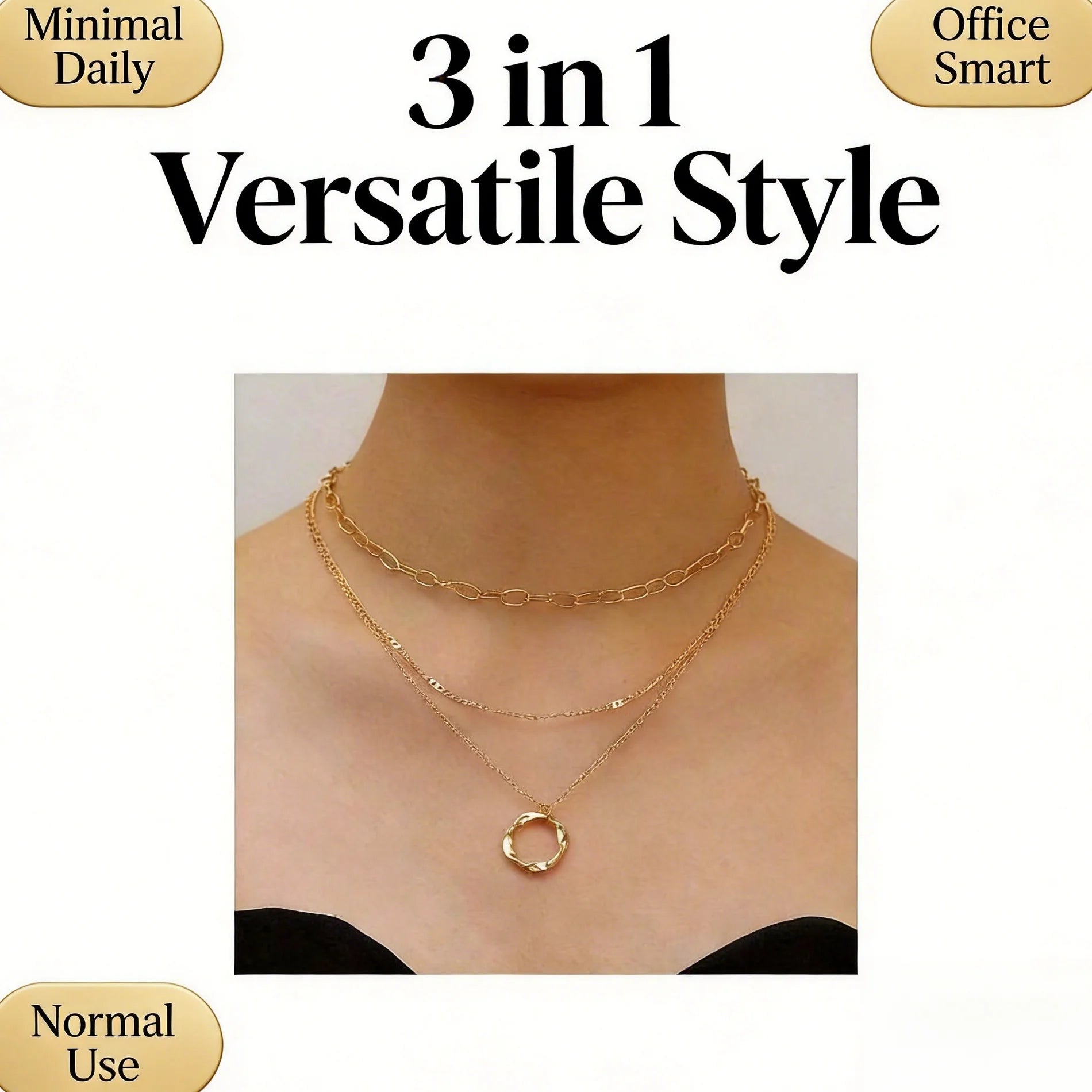 Multi‑Layer Gold Tone Zinc Alloy Necklace Textured Circle Pendant Daily Neckwear