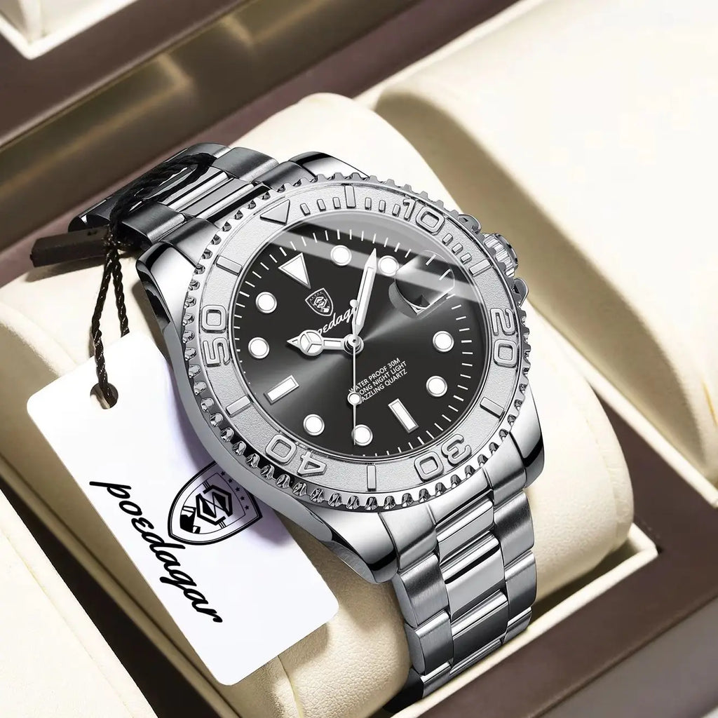 POEDAGAR Luxury Classic Man Wristwatch Waterproof Luminous Date Business Male Clock Stainless Steel Fashion Quartz Men's Watches mbzr